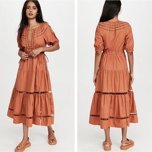 NEW A.L.C. Maryn Lipstick Orange Cotton Poplin Puff Sleeve Midi Dress size 10